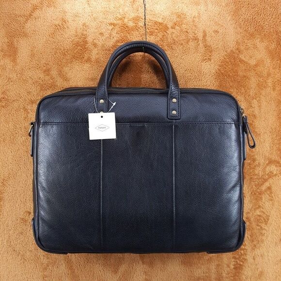FOSSIL Mens Briefcase Black Leather Messenger Bag Double Zip HASKELL BRIEF $350 - Picture 1 of 8